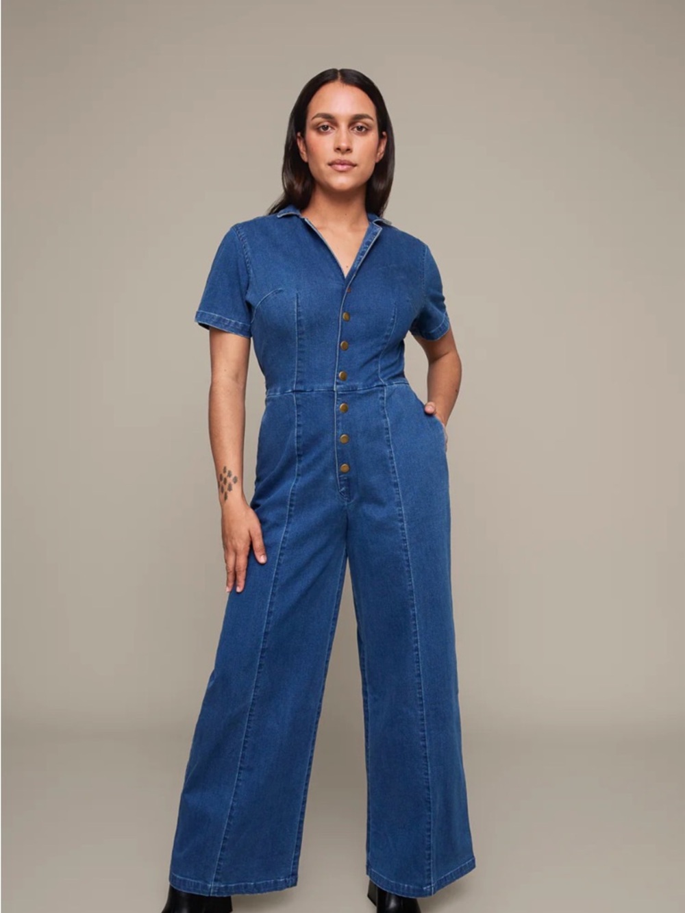Denim Short-Sleeve Wide-Leg Jumpsuit - Blue